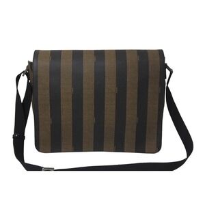 Fendi Bag Messenger Square Leather Brown Logo Coated Pequin Canvas